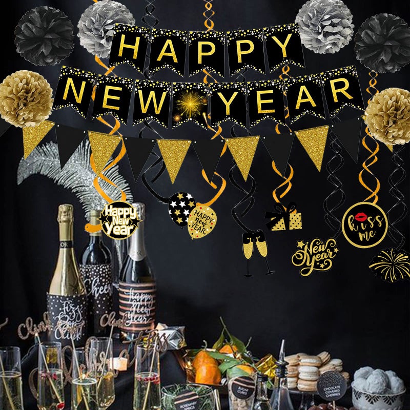 Famoby Happy New Year Banner Pom poms Triangle flag Swirls Garland Hanging Bunting for Happy New Year Party Decorations - Image 5